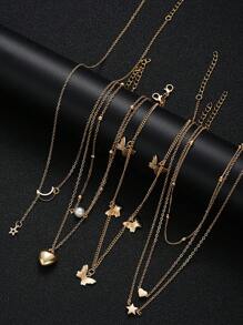 12pcs/Set Minimalist Heart Butterfly Flower Star Moon Lock Key Faux Pearl Pendant Necklace Set For Women, Ideal For Dating, Vacation, Daily Wear, Gift Giving - Yellow Gold - View 5