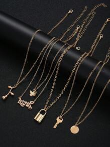 12pcs/Set Minimalist Heart Butterfly Flower Star Moon Lock Key Faux Pearl Pendant Necklace Set For Women, Ideal For Dating, Vacation, Daily Wear, Gift Giving - Yellow Gold - View 3