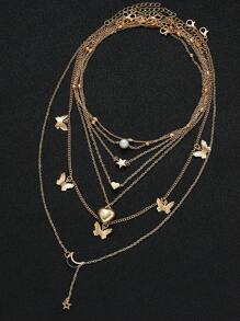 12pcs/Set Minimalist Heart Butterfly Flower Star Moon Lock Key Faux Pearl Pendant Necklace Set For Women, Ideal For Dating, Vacation, Daily Wear, Gift Giving - Yellow Gold - View 2