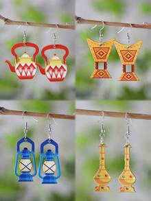 1 Pair Middle Eastern Eid Mubarak Women's Earrings, Vintage Traditional Lantern, Teapot, Vase Pendant Earrings, Wooden Double-Sided Minimalist Style Earrings, Eid Mubarak Gift - Multicolor - View 1