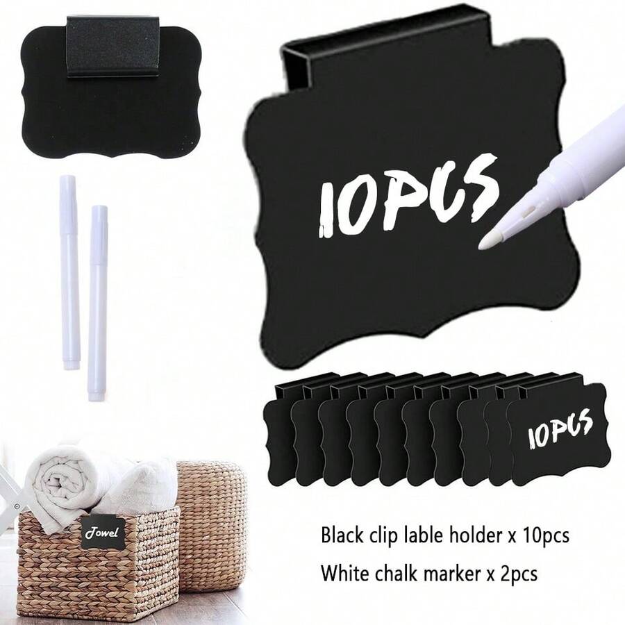Set (10pcs Basket Tags + 2 White Pens) Basket Clip Coffee & Milk Tea Shop Price & Advertising Blackboard & Hand-Painted Message Board PVC Label Clip Basket Label Clip Storage Classification Clip Detachable Label Clip - Black - View 1