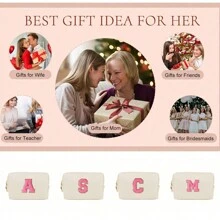 1入組毛巾刺繡字母化妝包收納包大型方便pu防水洗漱包高級美容櫃化妝包,母親、姐妹最好的禮物,生日禮物、畢業禮物、旅遊紀念品、情人節禮物 - 玫紅色 - 查看 9