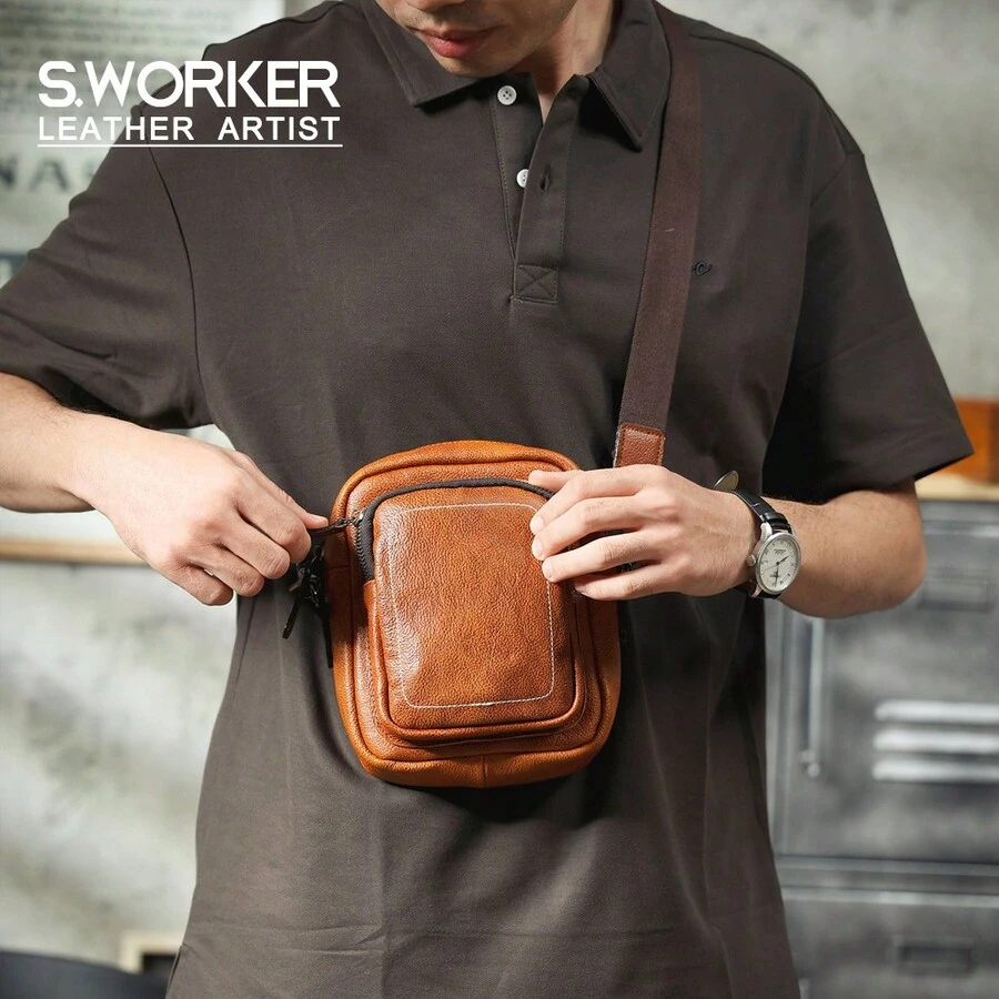 S.worker 真皮男士時尚肩膀包頂層牛皮迷你斜跨包7.0吋通用手機包手工製作休閒植鞣皮革手機套吊帶度假學校夏季防水商務休閒個性化禮品父親節禮物爸爸丈夫男友大學生書包返校多功能宿舍大學學校包學生通勤時尚便攜式 - 棕色 - 查看 1