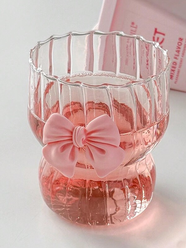 One 350ml High Temperature Resistant And Highly Attractive Pink Bowknot Glass Cup (Without The Straw Shown In The Picture), Japanese-Style Bowknot Glass Dessert Cup/Drink Cup, A Lovely And Exquisite Personalized Design, The Best Gift Option For Your Couple Or Her 1pc