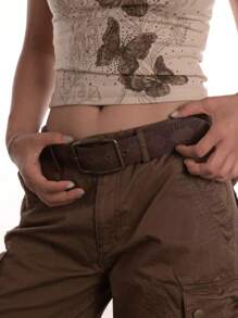Vintage Artsy Distressed Texture Printed Brown Belt With Antique Bronze Pressed Flowers Buckle, Versatile Summer, School