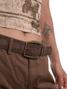 Vintage Artsy Distressed Texture Printed Brown Belt With Antique Bronze Pressed Flowers Buckle, Versatile Summer, School