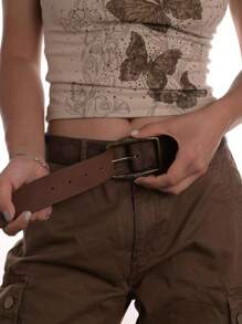 Vintage Artsy Distressed Texture Printed Brown Belt With Antique Bronze Pressed Flowers Buckle, Versatile Summer, School