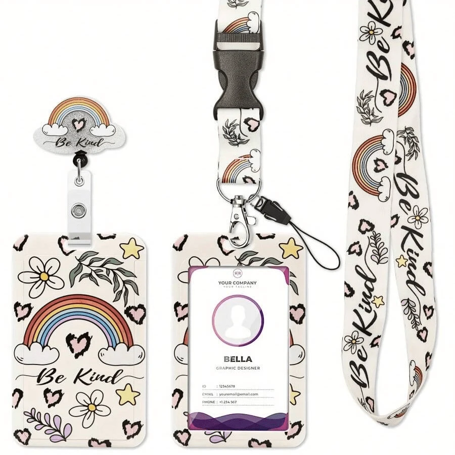 具可伸縮繫索及可愛徽章的證件套，完美適用於教師、學生、護士、辦公室及女性 - 米色 - 查看 1