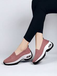 New Fashion Breathable Sport Casual Slip-On Sneakers For Women, Comfortable Square Dance Shoes With Platform And Increased Height, Versatile Breathable Woven Loafers, Plus Size Women Shoes