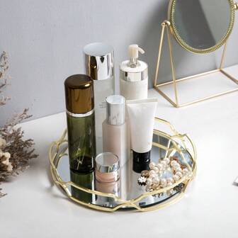 1pc Gold & Silver Round Makeup Vanity Tray, Suitable For Kitchen, Living Room, Bathroom, Bedroom Tabletop Decoration, Simple European Style With Glass Mirror Surface (Hot Seller, Previously Sold Out But Now Restocked, Foam Packaging)