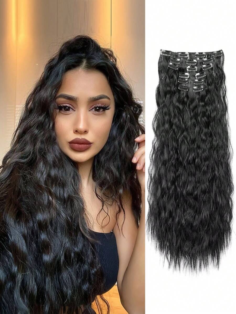 24-Inch Long Wavy Clip-In Synthetic Hair Extensions, 6pcs Set, Ombre Black, Thick & Natural Soft, Double-Layer Stitched, For Women