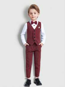 2024 新款年轻男孩婚礼西装四件套，包括白衬衫、绿色背心、裤子、领结和帽子，正式绅士风格 - 紅白色 - 查看 1