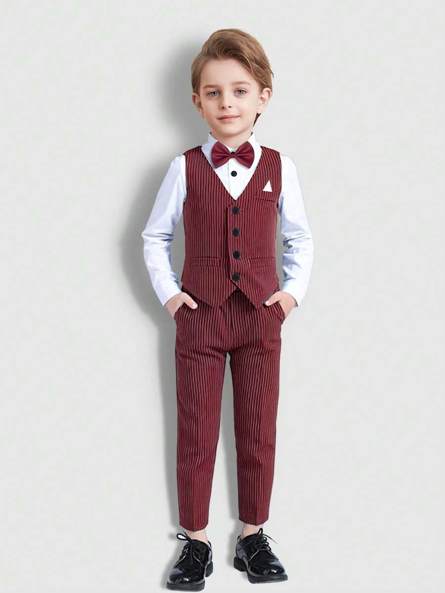 2024 新款年轻男孩婚礼西装四件套，包括白衬衫、绿色背心、裤子、领结和帽子，正式绅士风格 - 紅白色 - 查看 1