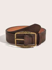 Vintage Artsy Distressed Texture Printed Brown Belt With Antique Bronze Pressed Flowers Buckle, Versatile Summer, School