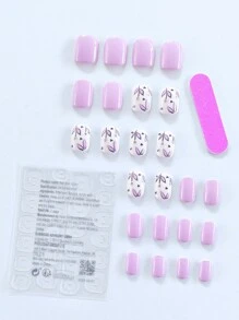 24入組方形短款法式指甲簡約美甲貼片帶葉子和花朵圖案，附上指甲專用膠水，適用於女孩/女士參加派對、舞會、婚禮和春夏日常妝扮的貼片指甲和美甲工具 - 彩色 - 查看 3