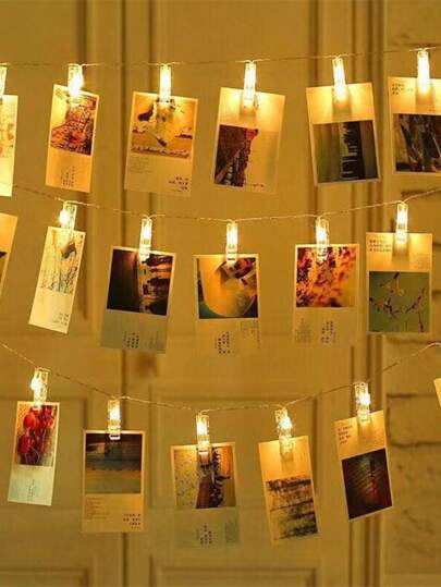 帶電池盒的暖白色LED照片夾串燈，可掛在牆上，是節日派對和浪漫房間裝飾的理想選擇