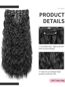 24-Inch Long Wavy Clip-In Synthetic Hair Extensions, 6pcs Set, Ombre Black, Thick & Natural Soft, Double-Layer Stitched, For Women - Natural Black - View 5