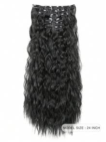 24-Inch Long Wavy Clip-In Synthetic Hair Extensions, 6pcs Set, Ombre Black, Thick & Natural Soft, Double-Layer Stitched, For Women - Natural Black - View 3