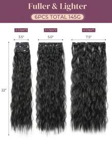24-Inch Long Wavy Clip-In Synthetic Hair Extensions, 6pcs Set, Ombre Black, Thick & Natural Soft, Double-Layer Stitched, For Women - Natural Black - View 6