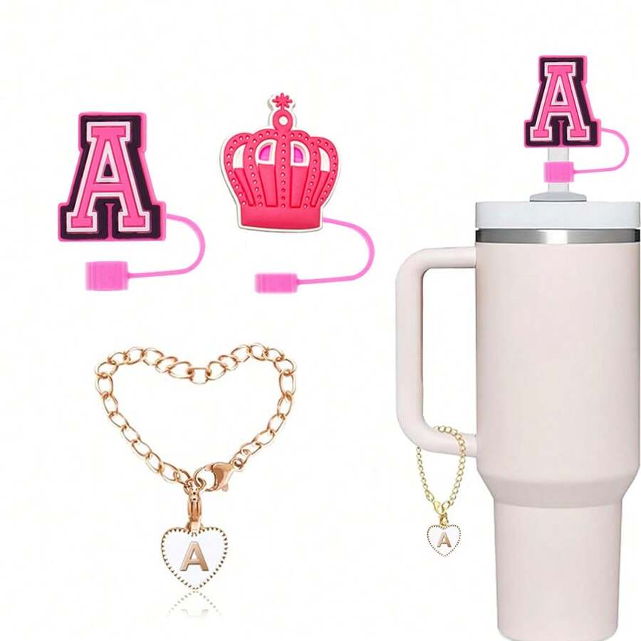 4 英寸粉色皇冠吸管盖和粉色字母吸管盖和 1 个姓名 ID 字母手柄饰物，防尘可重复使用硅胶吸管盖，适用于 30 盎司和 40 盎司带手柄玻璃杯，母亲节礼物 - 粉紅色 - 查看 1