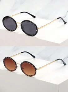 1pc Metal Frame Oval Shape Diamond Inlaid Fashion Eyeglasses, Unisex Decorative Daily Wear Glasses - Black - View 5