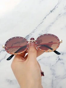 1pc Metal Frame Oval Shape Diamond Inlaid Fashion Eyeglasses, Unisex Decorative Daily Wear Glasses - Black - View 2