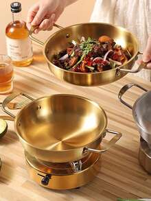 1pc 18cm/20cm/22cm/24cm Stainless Steel Golden Soup Pot Korean  Stew & Seafood Hot Pot Hong Kong Style Flat Alcohol Stove Pot Commercial Snack Fried Chicken Pan Instant Noodle Pot Mixed Rice Bowl - Gold - View 8
