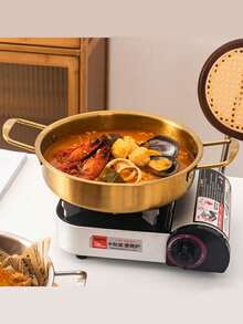 1pc 18cm/20cm/22cm/24cm Stainless Steel Golden Soup Pot Korean  Stew & Seafood Hot Pot Hong Kong Style Flat Alcohol Stove Pot Commercial Snack Fried Chicken Pan Instant Noodle Pot Mixed Rice Bowl - Gold - View 11