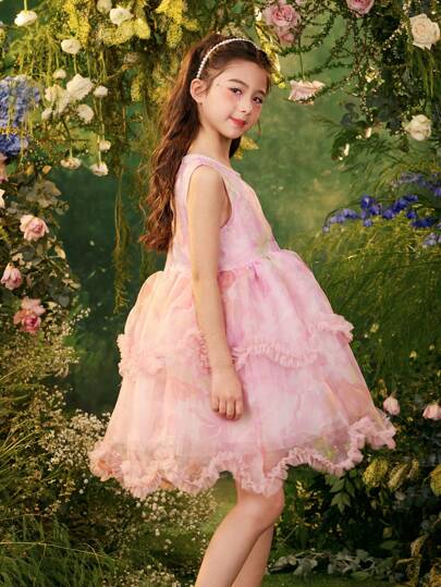 Dimu Tween Girl 2024 Summer New Pink Print Princess Pompadour Vest Cake Dress