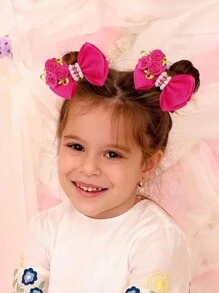 2pcs/Pack Valentine's Rose Pink Rose Bow Hairclips, Kids Hair Accessories