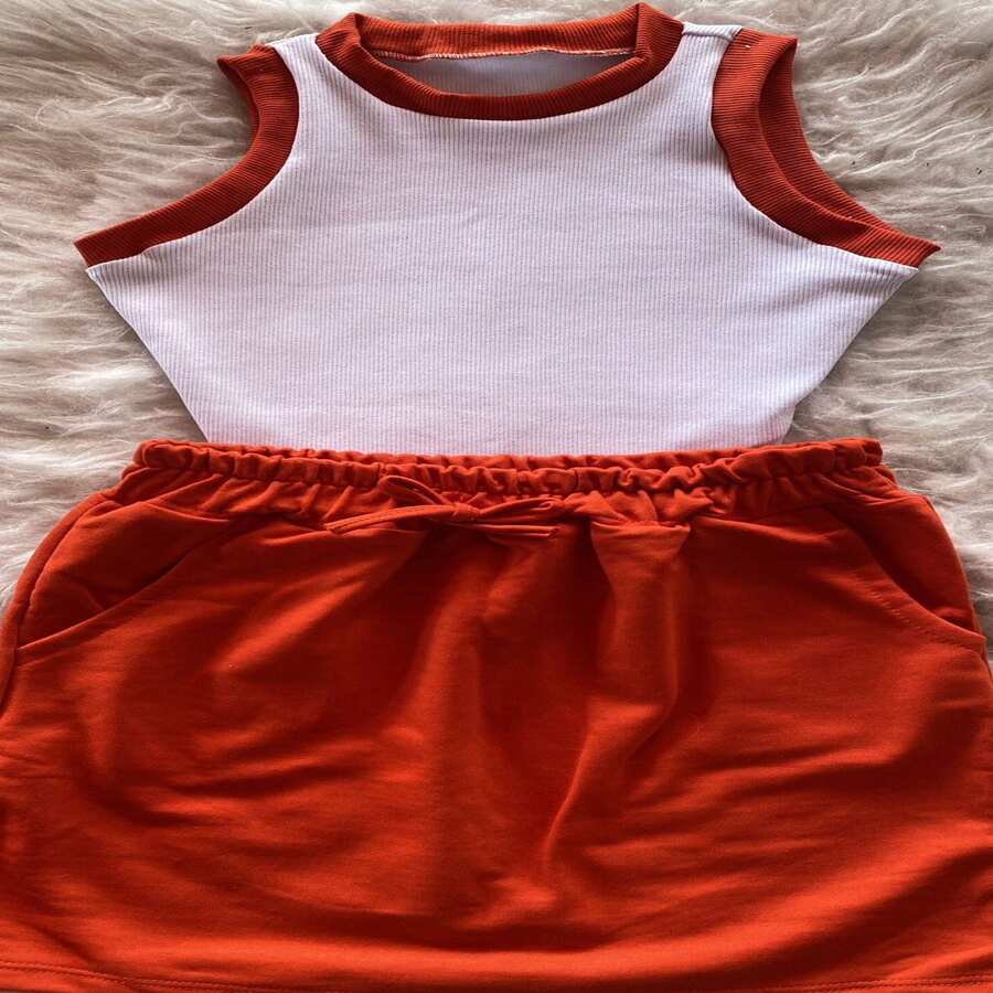 Conjunto Feminino  Lindo Cos Alto com Elastico na Cintura e Blusinha em Ribana bicolor. - Laranja Queimado - Visão 1