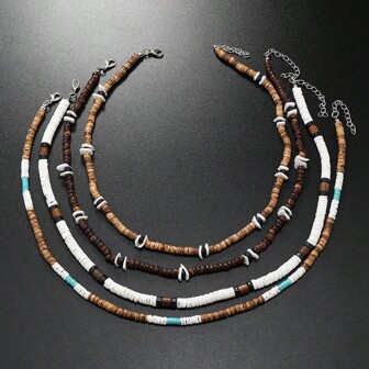4pcs/Set Bohemian Beach Style Coconut Shell And Seashell Necklace Suit Which Is Suitable For Men Daily Wear