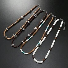 Conjunto de 4 piezas de collar de estilo bohemio de playa con conchas de coco y mar, adecuado para uso diario de hombres