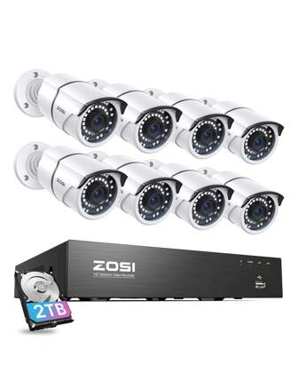 ZOSI ZOSI Kit telecamera di sorveglianza PoE 8CH H.265+ 5MP con telecamera IP PoE esterna 8X IP66 Avviso istantaneo Visione notturna 36m, disco rigido da 2TB e app gratuita per un facile accesso remoto