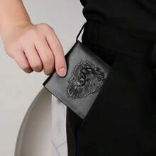 1 件男士商务钱包 - 优雅黑色 PU 皮革，带 3D 浮雕狮子，纤薄实用的设计，三折钱包，男士礼物，钱包，钱包，男士钱包，皮革 - 黑色 - 查看 3