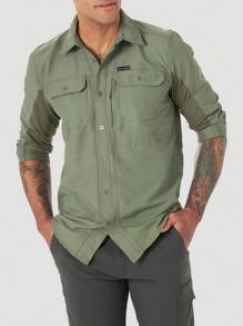 Wrangler All Terrain Gear Mixed Material Shirt In Black Long Sleeve Shirt Basic Shirt Teacher Clothes Back To School Clothes - Green - View 1