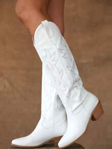 Embroidered Cowboy Boots For Women Pointed Toe Block Chunky High Heels Knee High Western Cowgirl Boots