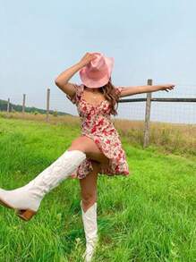 Embroidered Cowboy Boots For Women Pointed Toe Block Chunky High Heels Knee High Western Cowgirl Boots