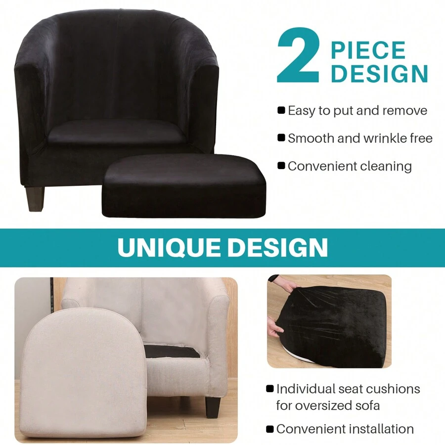 2Pcs/Set Stretch Tub Chair Covers Club Velvet Armchair Slipcovers For Dining Home Living Room Club Bar Chair Slipcovers - Black - View 1