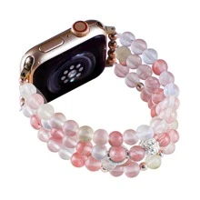 手工串珠波西米亞風手鍊，適用於蘋果手錶38mm、40mm、41mm、42mm、44mm、45mm、49mm系列9、8、7、SE、6、5、4、3、2、1女性時尚可愛彈性水晶珠手錶帶 - 西瓜紅 - 查看 2