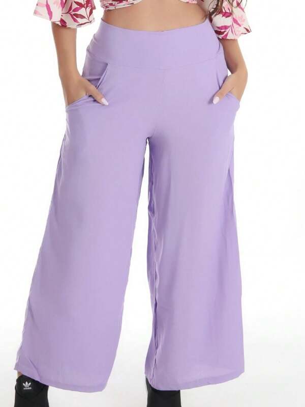 Calça Pantalona Feminina Cintura Alta e Cós Elastex