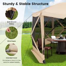 Coffee/Green- 11.5 X 11.5 Ft 6-Sided Pop-Up Canopy Screen Tent With Mesh Walls, 2 Detachable Wind Panels, Zippered Door, Carry Bag, Stakes, And Ropes For Camping, Backyard, And Beach Shade Shelter