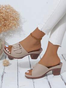 Sandalias de plataforma de tacón grueso con diseño de hebilla de metal de moda para mujer, antideslizantes, transpirables y cómodas, Diseño elegante estilo retro adecuado para uso diario en verano en color caqui y punta abierta redondeada