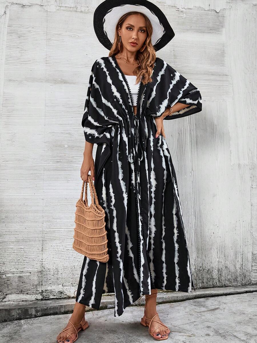 女士泳裝套裝背帶沙灘罩衫長款休閒比基尼罩衫黑白條紋長裙蝙蝠袖假期家居服 - 黑與白 - 查看 1