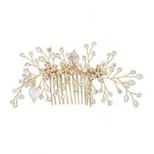 1入組水晶新娘婚禮髮梳，金色葉片新娘頭飾珍珠髮飾，適用於女性和女孩（金色） - 金色 - 查看 2