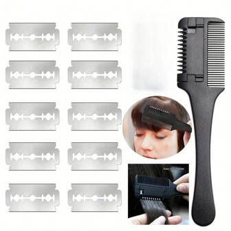 1把理发梳，细发剃刀梳，附赠10个替换刀片，男士细发修剪梳，适用于头发浓密和稀疏的男士，健身房、理发店、男士配件、男士头部护理用品