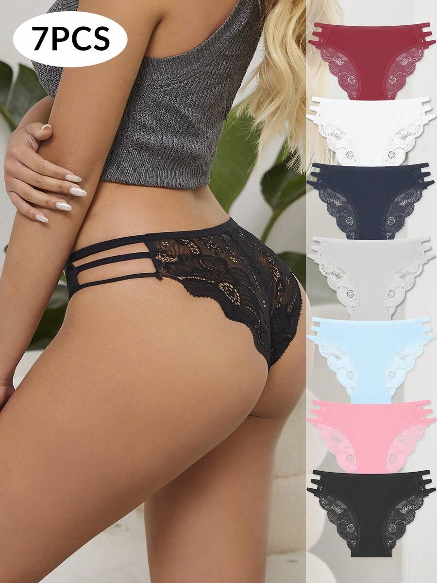 FINETOO 7 Chiếc Quần Lót Ren Phối Ren Màu Trơn Cho Nữ, Quần Lót Tam Giác Rỗng - Nhiều màu - Xem 1