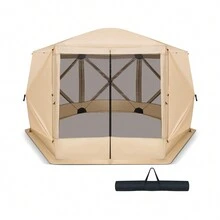 Coffee/Green- 11.5 X 11.5 Ft 6-Sided Pop-Up Canopy Screen Tent With Mesh Walls, 2 Detachable Wind Panels, Zippered Door, Carry Bag, Stakes, And Ropes For Camping, Backyard, And Beach Shade Shelter
