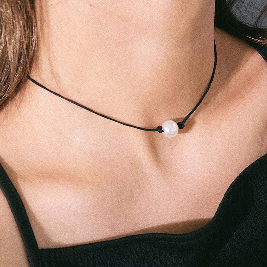 1pc Beaded Pearl Wax Rope Leather Necklace - A Bead - View 1