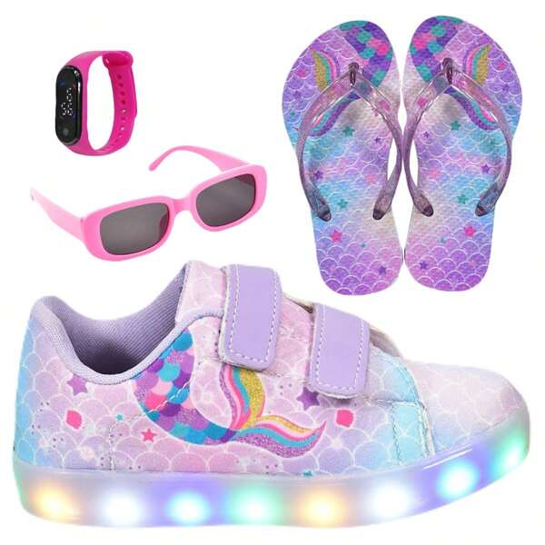 Tênis Infantil De Led Feminino Casual Desenho Sereia + Chinelo + Relógio+ Óculos